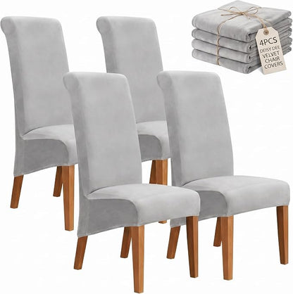 Deisy Dee Stretch XL/Oversized Extra Large Velvet Dining Room Chair Covers for Kitchen Dining，Removable Washable Chair Protectors Slipcovers (Sliver, 4)