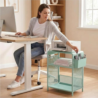 ECOLOVI 3 Tier Printer Stand for Under Desk, Height Adjustable Shelf Small Printer Table with 3 S-Hooks & Basket, Heavy Duty Industrial Storage Shelf for Home Office (Green Metal)