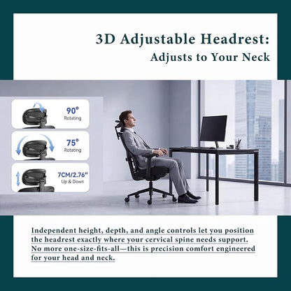 Ergonomic Office Chair with Breathable Mesh Back & Thick Cushion Seat, 4D Armrests, 3D Headrest, Adjustable Lumbar Support & Seat Depth, High Back Desk Chair with Tilt Lock (Black)