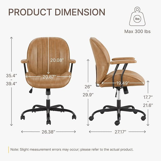 KISLOT Ergonomic Home Office Chair with Removable Arms, Adjustable Swivel Desk Chair with Wheels, Modern Faux Leather Computer Chair with Lumbar Support, Set of 2, Camel Brown