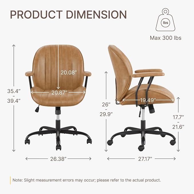 KISLOT Ergonomic Home Office Chair with Removable Arms, Adjustable Swivel Desk Chair with Wheels, Modern Faux Leather Computer Chair with Lumbar Support, Camel Brown