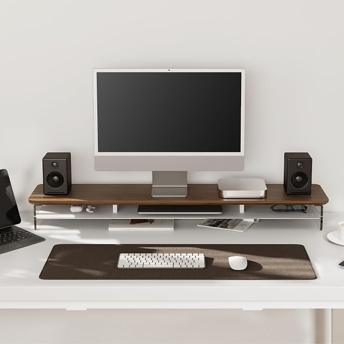 Fenge Acrylic Monitor Stand, 42.5 Inch Clear Dual Monitor Riser with Metal Storage, 2 Tier Computer Riser with LED Lights for Desk, Laptop, Printer, TV