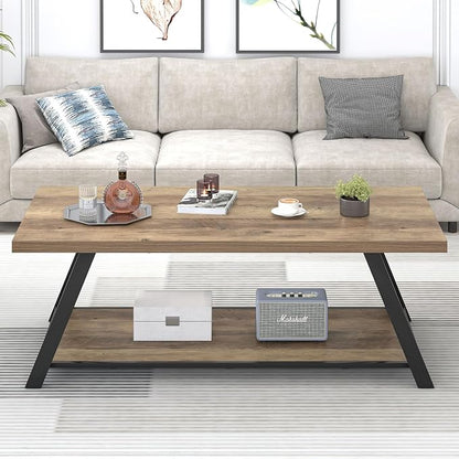 EXCEFUR Modern Coffee Table, Rectangle Center Table for Living Room with Storage Shelf, Industrial Wood and Metal Cocktail Tea Table, Rustic Oak, 47 Inch