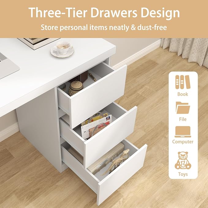 furtble White Desk with Drawers, 43'' W Home Office Computer Desk Gaming Table, Modern Vanity Desk with Storage, Wood Writing Workstation for Bedroom, Living Room, White