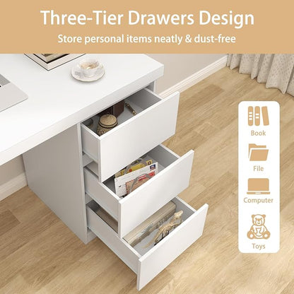 furtble White Desk with Drawers, 43'' W Home Office Computer Desk Gaming Table, Modern Vanity Desk with Storage, Wood Writing Workstation for Bedroom, Living Room, White