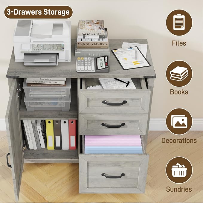 Halitaa Lateral File Cabinet with 3 Drawers, Farmhouse File Cabinet for Letter/A4 Size Hanging Files, Large Wood File Storage Cabinets Printer Stand for Home Office Furniture, Grey