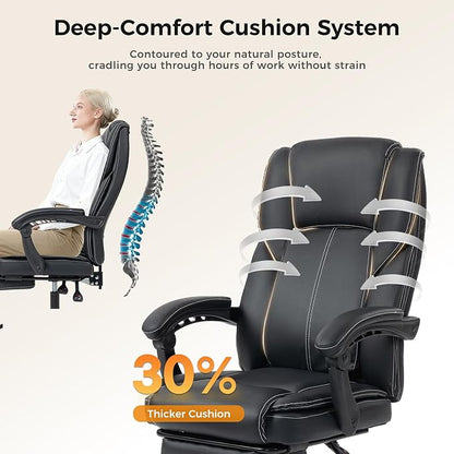 Office Chair with Footrest, Executive Breathable Leather Office Desk Chair with Lumbar Support - Ergonomic Comfy Wide Reclining Swivel Rolling Gaming Computer Chair with Adjustable 90-135° High Back
