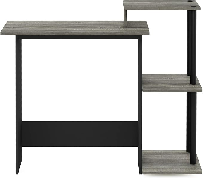 Furinno Efficient 29-Inch Grey Computer Desk with Side Shelves, Gaming Desk with 3 Open Shelves, Home Office Desk, for Home Office, Study Room, Dorm, Bedroom, Grey Oak/Black