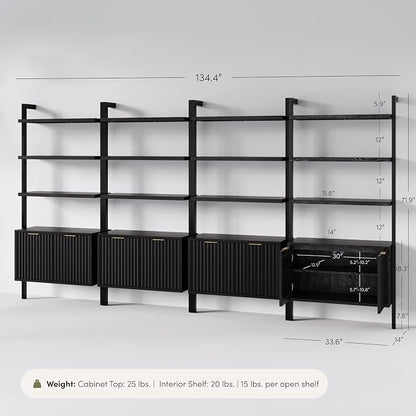Nathan James Jasper 3-Shelf Solid Wood Boho Bookshelf, Wall Mounted Bookshelf with Cabinet with Fluted Doors, Black Oak, Set of 4