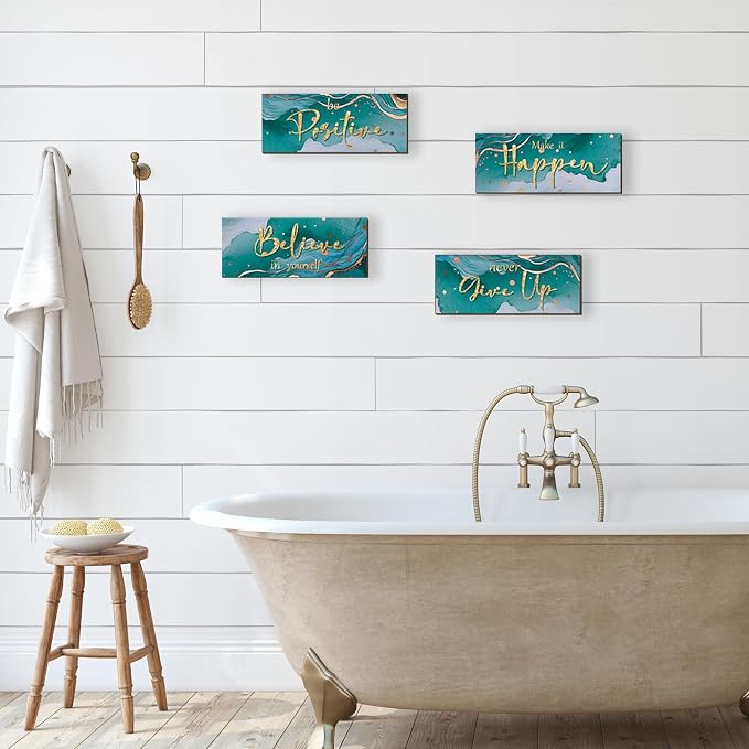 FENCORDAR 4 Piece Teal and Gold Wall Decor Set Motivational Wall Decor Inspirational Wooden Signs for Bedroom Bathroom Women’s Office Abstract Elegant Art for Home or Office Decoration 10X4 Inches
