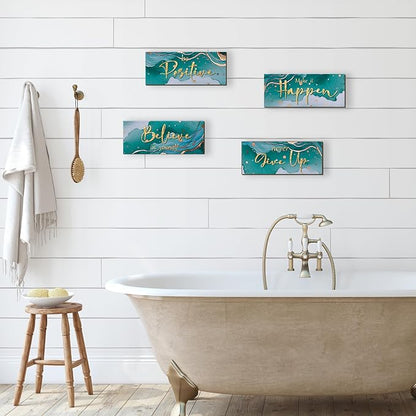 FENCORDAR 4 Piece Teal and Gold Wall Decor Set Motivational Wall Decor Inspirational Wooden Signs for Bedroom Bathroom Women’s Office Abstract Elegant Art for Home or Office Decoration 10X4 Inches