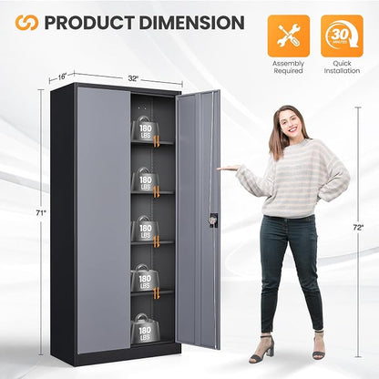Metal Garage Storage Cabinets with Lock, 71" Tall Tool Cabinet with 2 Door and 4 Adjustable Shelves, Locking Garage Cabinets and Lockable Steel Locker for Home Office Warehouse-(Black Gray-71”H)