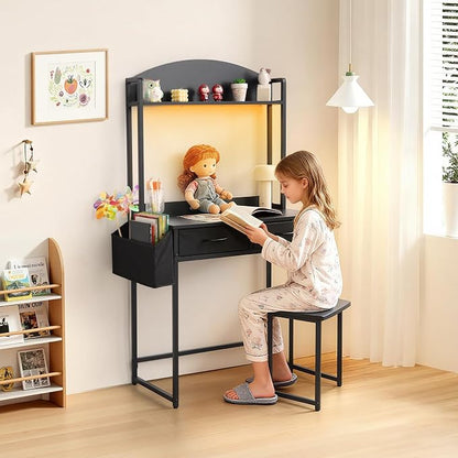 KATHY&BOB Small Home Office Study Desk - Freestanding Ladder Design with Fabric Drawers & Side Bag - Modern Vanity Makeup Desk - 2 Tier Shelf & Computer Gaming Station (Black, Arched)