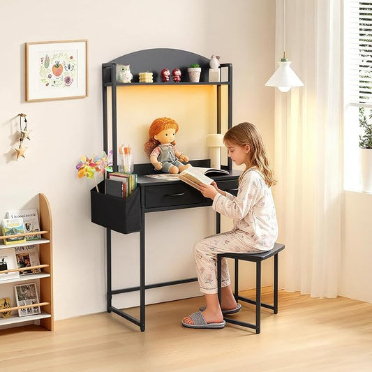 KATHY&BOB Small Home Office Study Desk - Freestanding Ladder Design with Fabric Drawers & Side Bag - Modern Vanity Makeup Desk - 2 Tier Shelf & Computer Gaming Station (Black, Arched)