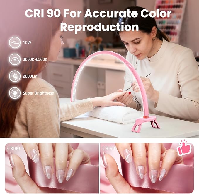 Yokilly Arc Half Moon Light: 20" Half Moon Light with Foldable Bracket for Desk Salon Table Use - No Flicker & Shadow-Free Desk Lamp with Stepless Brightness 3000-6500K for Manicurist Nail Tech