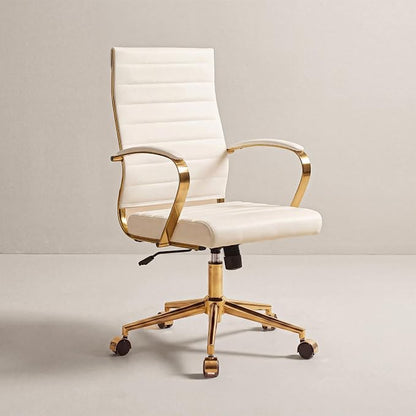 Okeysen Gold Office Desk Chair, Ergonomic Leather Modern Conference Room Chairs, Executive Ribbed Height Adjustable Swivel Rolling Golden Chair for Home Office.