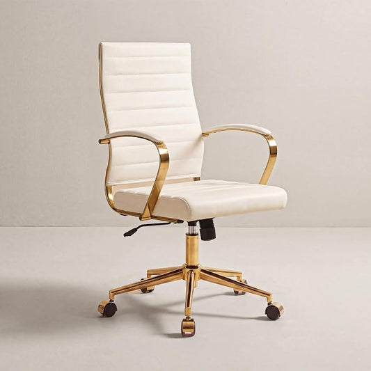Okeysen Gold Office Desk Chair, Ergonomic Leather Modern Conference Room Chairs, Executive Ribbed Height Adjustable Swivel Rolling Golden Chair for Home Office.