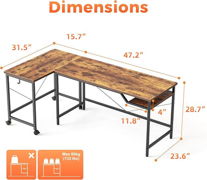 Mericonia 48 inch Computer Desk w/Shelf & Adjustable Feet, 32 inch Rolling Office Desk w/ 1 Hook, Small Space Desk for Home, Office, Study, Writing, Bedroom, 2 Pack