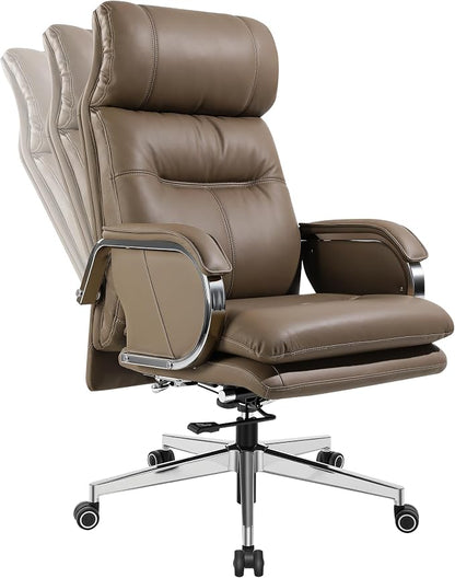 Genuine Leather Modern Executive Chair High-Back Support 90 to 150 Degrees Tilt and Upholstered Home Desk Chair with Base 400LB Capacity Swivel Computer Office Chair (Taupe)