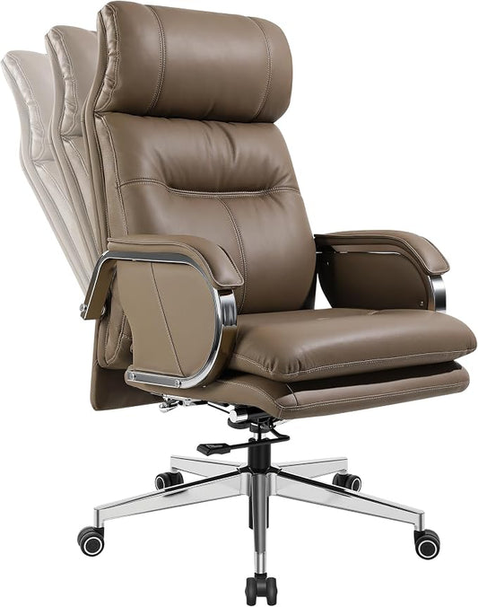 Genuine Leather Modern Executive Chair High-Back Support 90 to 150 Degrees Tilt and Upholstered Home Desk Chair with Base 400LB Capacity Swivel Computer Office Chair (Taupe)