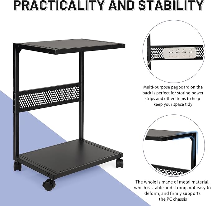 Bfttlity PC Stand Computer Tower Stand 2-Tier Metal CPU Holder with Locking Caster Wheels Suitable for Most PC (S, Black)