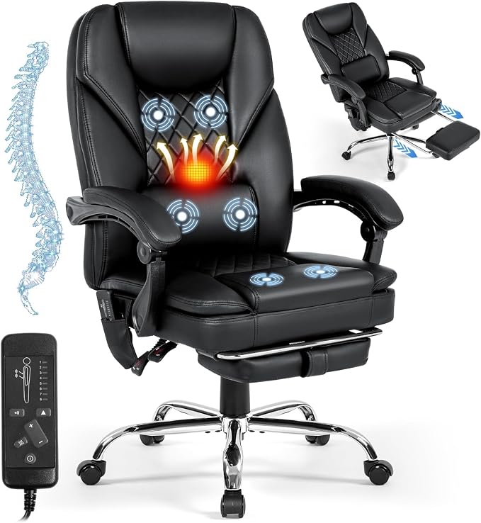 Massage Office Chair with Foot Rest, 6-Point Vibration and Heat Ergonomic Executive Chair, High Back Reclining Leather Desk Chair with 135° Recline, 400 LBS, Cozy