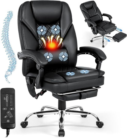 Massage Office Chair with Foot Rest, 6-Point Vibration and Heat Ergonomic Executive Chair, High Back Reclining Leather Desk Chair with 135° Recline, 400 LBS, Cozy
