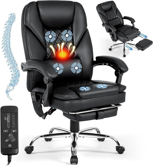 Massage Office Chair with Foot Rest, 6-Point Vibration and Heat Ergonomic Executive Chair, High Back Reclining Leather Desk Chair with 135° Recline, 400 LBS, Cozy