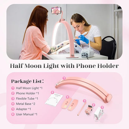 Yokilly Half Moon Light for Nail Desk: 29" Foldable Half Moon Nail Desk Lamp with Phone Holder for Beginner - Arch Tech Light with 3 Color Modes & 10 Brightness for Manicure Salon (Pink)