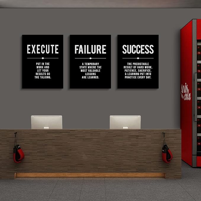 Framed Canvas Wall Art Success Quote For Office, Black Large Positive Motivational Poster, Set of 3, Execute Failure Definition, Inspirational Print (A-3pcs,12x16inchx3pcs)