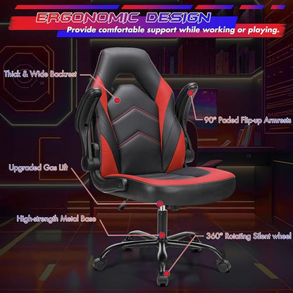 Sweetcrispy Computer Gaming Chair: PU Leather Ergonomic Lumbar Support with Flip-up Armrest and 360° Swivel Wheels, Height Adjustable Task Home Office Desk Video Racing, Red