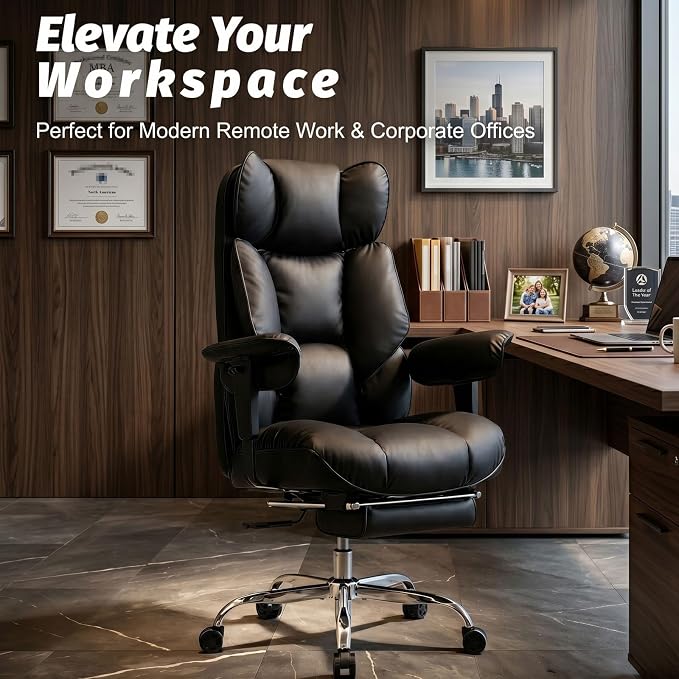 Efomao Executive Office Chair 400lbs, Black Big and Tall Desk Chair | Mattress-grade pocket spring cushion, sleek leather, 135° recline & footrest for computer gaming setup.