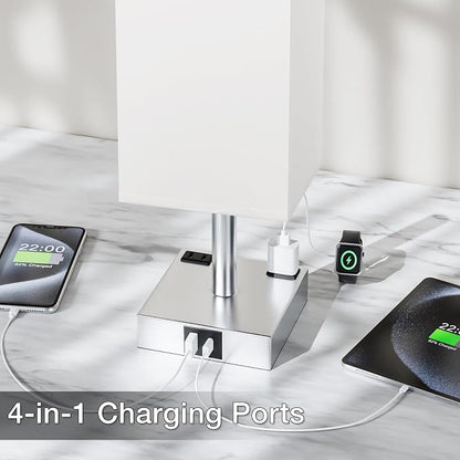 Touch Bedside Table Lamp for Nightstand - 3-Way Dimmable Night Lamp with USB A + Type C Charging Ports and Two AC Outlets, Small Desk Light with E26 LED Bulb for Bedroom Living Room Dorm Office,White
