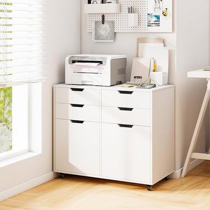 LOKO Mobile File Cabinet with 4 Drawers, Rolling Under-Desk Filing Cabinet, Wooden Chest of Drawers with Universal Wheels, Modern Printer Stand for Home Office Organization and Storage (White)
