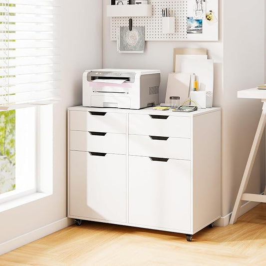 LOKO Mobile File Cabinet with 4 Drawers, Rolling Under-Desk Filing Cabinet, Wooden Chest of Drawers with Universal Wheels, Modern Printer Stand for Home Office Organization and Storage (White)