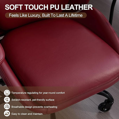 E-Motie Office Chair, Leather Desk Chair with Rubber Wheels, Ergonomic Computer Chair 500 LBS with Lumbar Support, High Back Executive Chair for Modern Home Office, Red