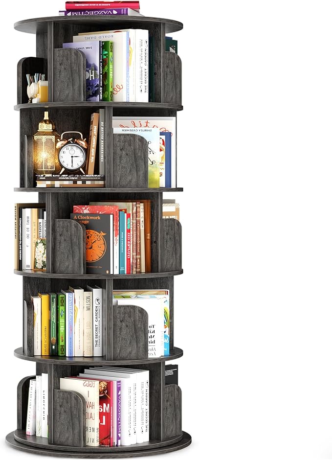 Besiost Rotating Bookshelf Tower, 5 Tier Spinning Bookcase, Revolving 360 Book Shelf Narrow Tall Bookcase, Vertical Turning Round Bookshelf Organizer, Wood Corner Book shelf for Small Space, Black Oak