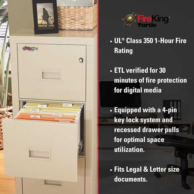 FireKing Turtle Vertical 4 Drawer Legal and Letter Fire Safe File Cabinet with Key Lock, 1 Hour Fire Rated, UL Rated & Water Resistant Home Safe, Filing Cabinet, Made in The USA, Platinum