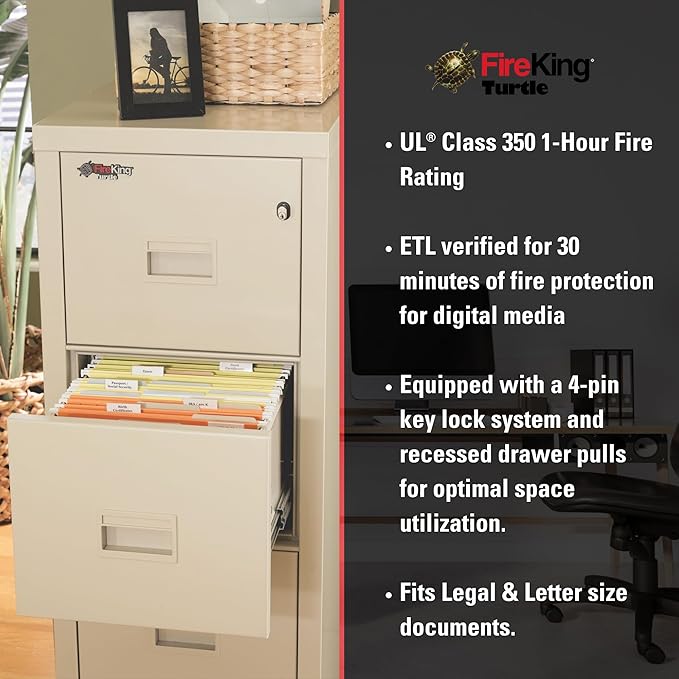 FireKing Turtle Vertical 4 Drawer Legal and Letter Fire Safe File Cabinet with Key Lock, 1 Hour Fire Rated, UL Rated & Water Resistant Home Safe, Filing Cabinet, Made in the USA, Parchment