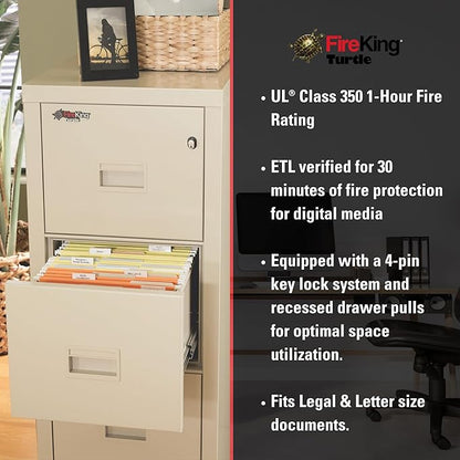 FireKing Turtle Vertical 4 Drawer Legal and Letter Fire Safe File Cabinet with Key Lock, 1 Hour Fire Rated, UL Rated & Water Resistant Home Safe, Filing Cabinet, Made in the USA, Parchment