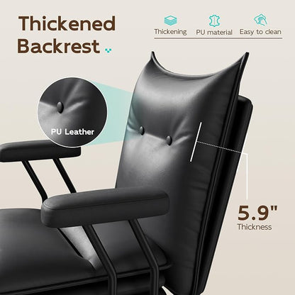 Black Leather Office Chair with Triple-Layer Seat, Home Desk Chair | Comfy 7.3-inch Thick Cushion, Mid Back Ergonomic Support for Long Hours, Smooth Silent Wheels, Mid-Century Vintage Style