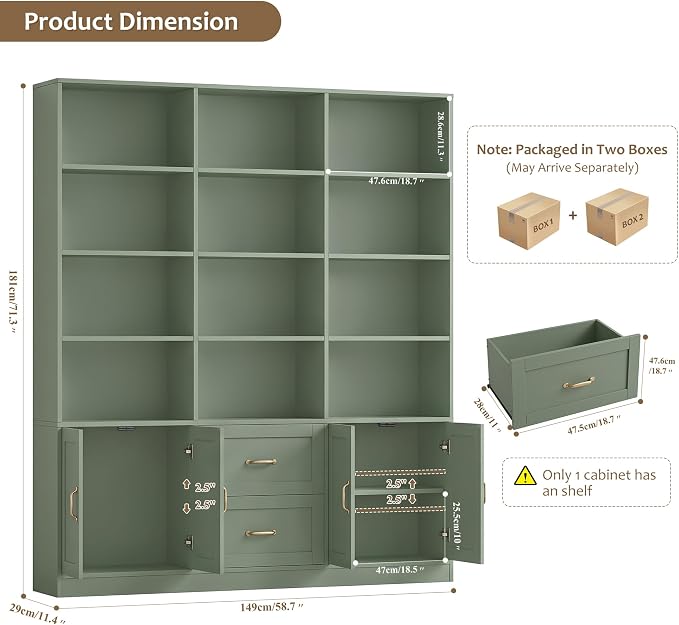 HOSTACK 71" Tall Triple Wide Bookshelf with Doors & Drawers, Modern Wood Bookcase for Storage, 6-Tier Large Bookcase with Display Shelves, Space-Saving Bookshelf for Living Room, Home Office, Green