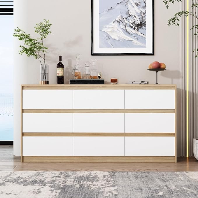 63” Dresser Chest of Drawers 9 Drawer Dresser, Modern 9 Drawer Chest for Living Room Bedroom, No Handle Design, White and Oak 15.7”D x 63”W x 31.5”H