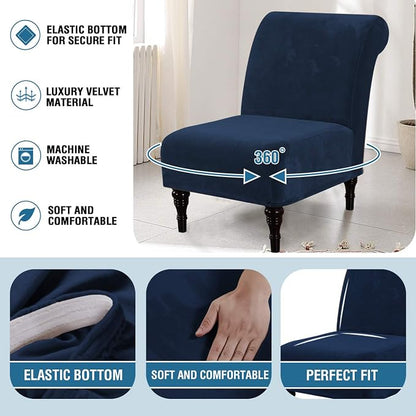 H.VERSAILTEX Armless Accent Chair Covers Thick Velvet Armless Chair Slipcovers High Stretch Chair Covers for Living Room Hotel Machine Washable Furniture Protector with Elastic Bottom, Navy