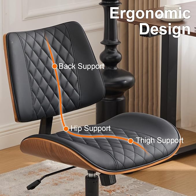 Armless Office Chair with Wheels, Ergonomic Leather Chair, Mid Back 360 Swivel Computer Chair, Modern Walnut Desk Chair for Small Space, Reading, Meeting Room, Black