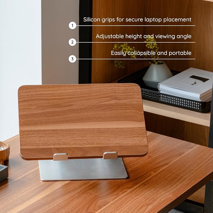 Branch Adjustable Laptop Stand - Portable Wooden Laptop Riser with Customizable Height & Angle - Foldable - Secure Silicon Grips for Home or Office - Walnut