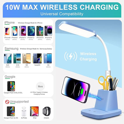 Small Desk Lamp, Blue Desk Lamp with Pen Holder, Wireless Charger LED Desk Lamps for Home Office, 800LM Flexible Arm 3 Modes Dimmable Touch Cute Desk Lamps, Study Lamps for College Dorm Room