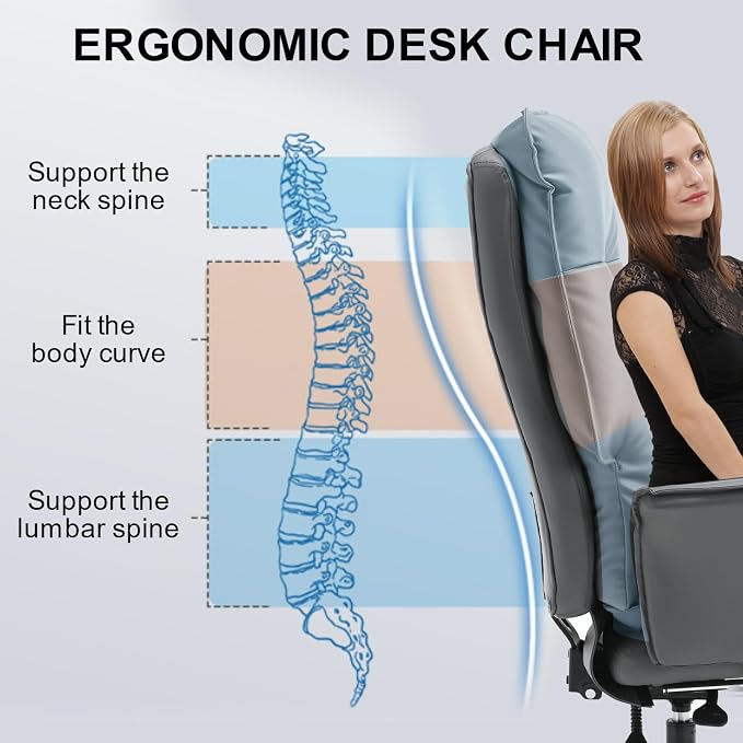 Big and Tall Office Chair 500LBS, Ergonomic Gaming Chair Reclining Office Chair with Foot Rest for Adult,Pu Leather Computer Desk Chair with Adjustable Armrests for Home Living Room,Grey