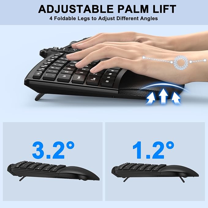 Ergonomic Wireless Keyboard Mouse, Wave Key Bluetooth/2.4G Split Design Ergo Keyboard Mouse Combo with Cushioned Palm Rest, Multi-Device, Rechargeable, for Multi-OS, Windows/Mac/Android