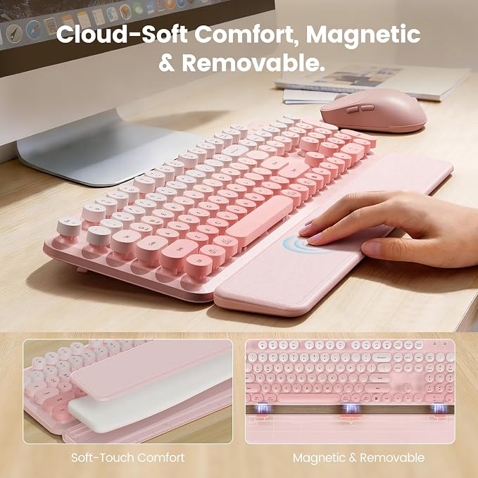 Wireless Keyboard and Mouse Combo, Magnetic Soft-Touch Wrist Rest, Round Keycaps, Full-Size Retro Typewriter Keyboard, 2-Stage Tilt Legs, Auto Sleep, 2.4GHz Cordless for Windows PC, Blush Pink Ombre